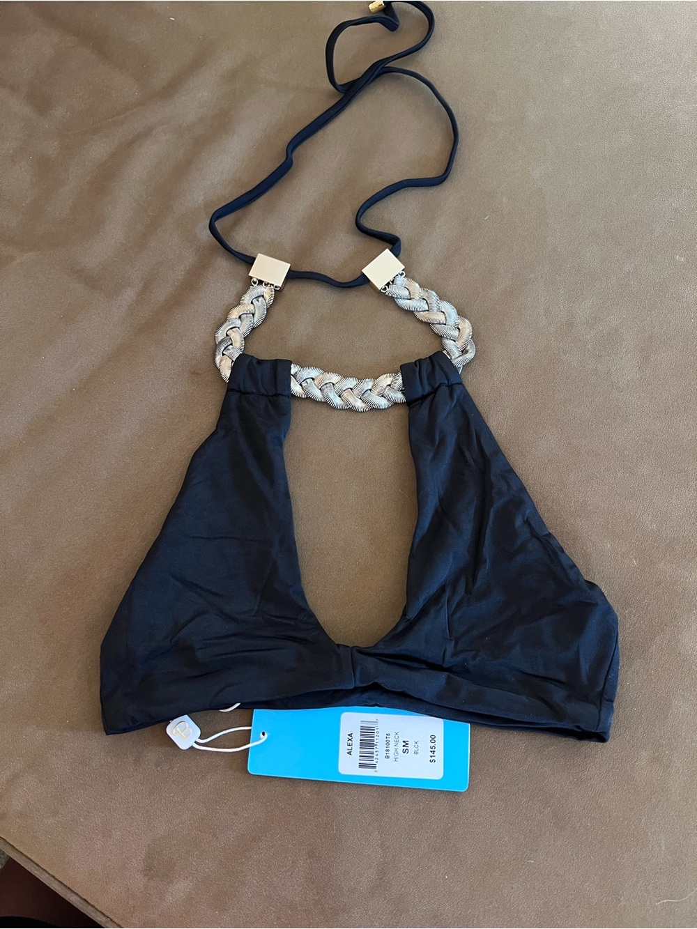 Beach Bunny Black Halter Swim Top with Braided Accent